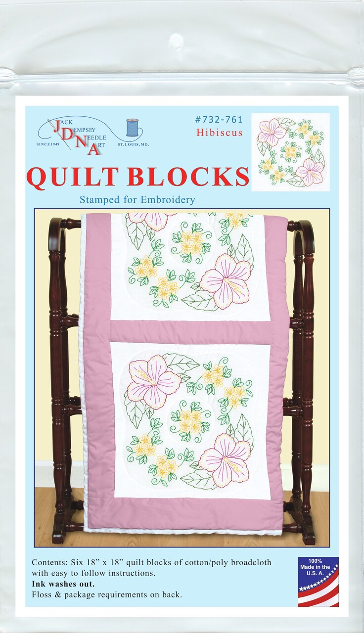 Jack Dempsey Stamped White Quilt Blocks 18"X18" 6/Pkg-Hibiscus